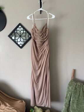 Azazie Taupe Ruched Maxi Dress with Cowl Neck